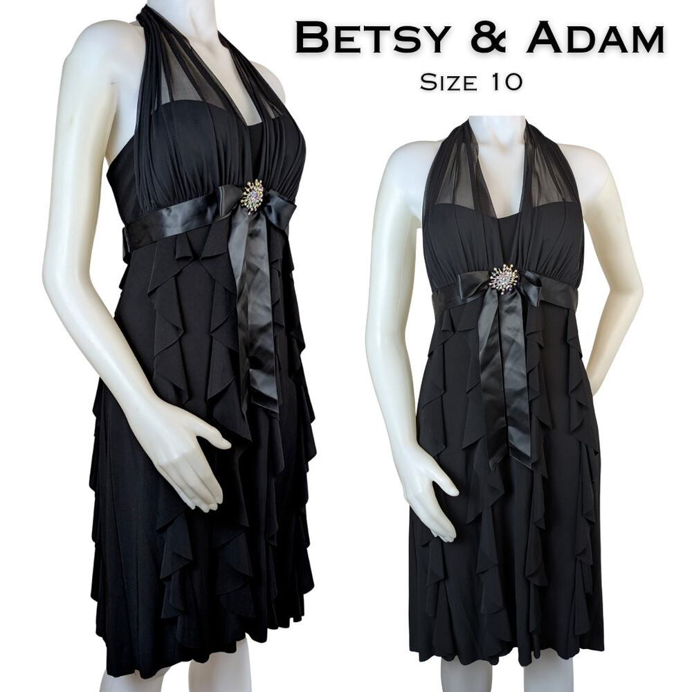 Betsy & Adam Linda Bernell Halter Dress Gown 10 Black Ruffle Tiered Cocktail